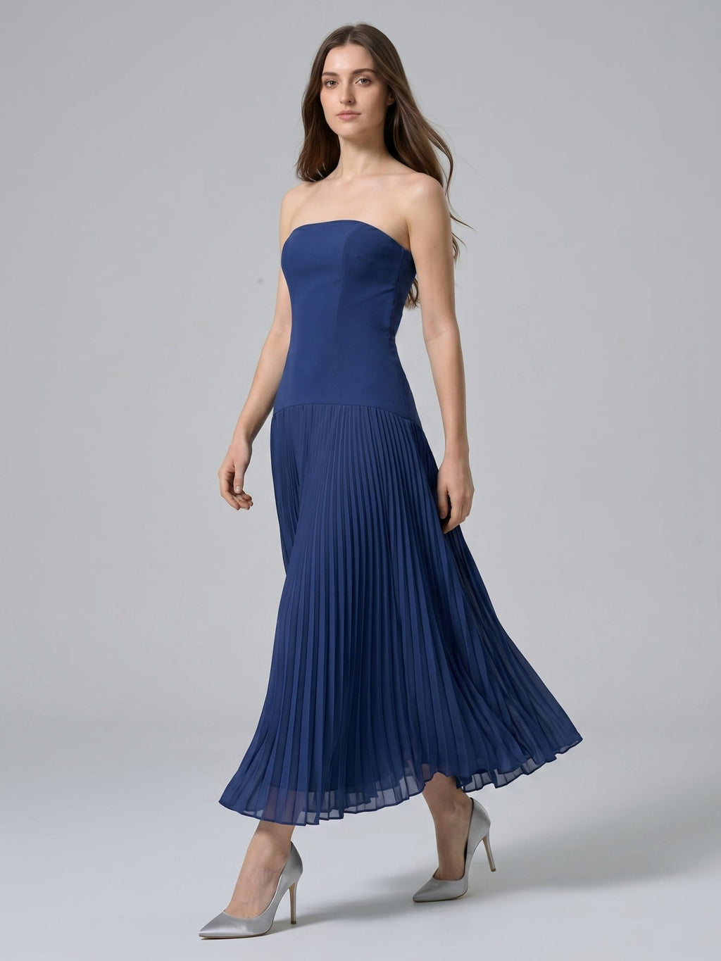 Navy Blue Stretch Knit A-Line Straight Neck Back Zip Ankle-Length Bridesmaid Dress - Curvevia