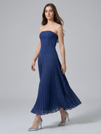 Navy Blue Stretch Knit A-Line Straight Neck Back Zip Ankle-Length Bridesmaid Dress - Curvevia
