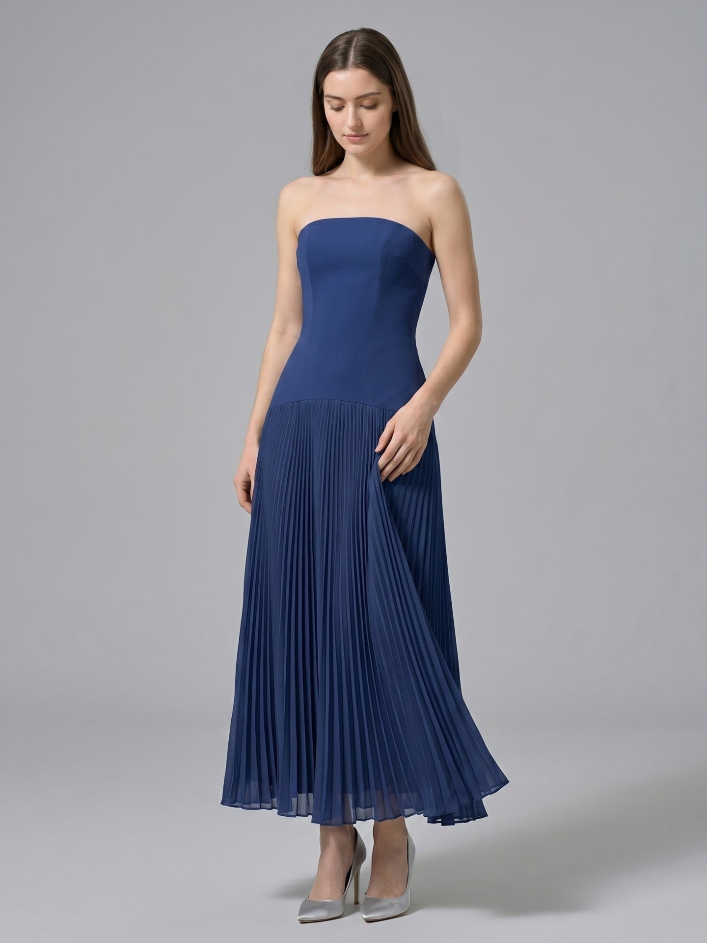Navy Blue Stretch Knit A-Line Straight Neck Back Zip Ankle-Length Bridesmaid Dress - Curvevia