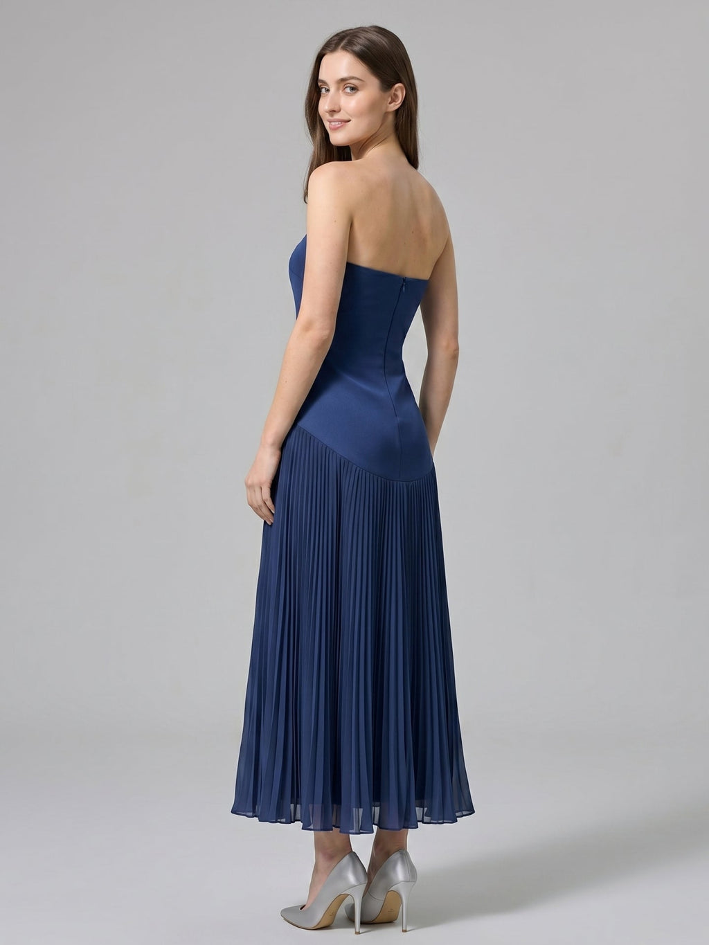 Navy Blue Stretch Knit A-Line Straight Neck Back Zip Ankle-Length Bridesmaid Dress - Curvevia
