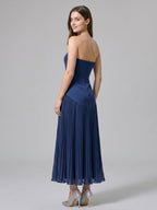 Navy Blue Stretch Knit A-Line Straight Neck Back Zip Ankle-Length Bridesmaid Dress - Curvevia