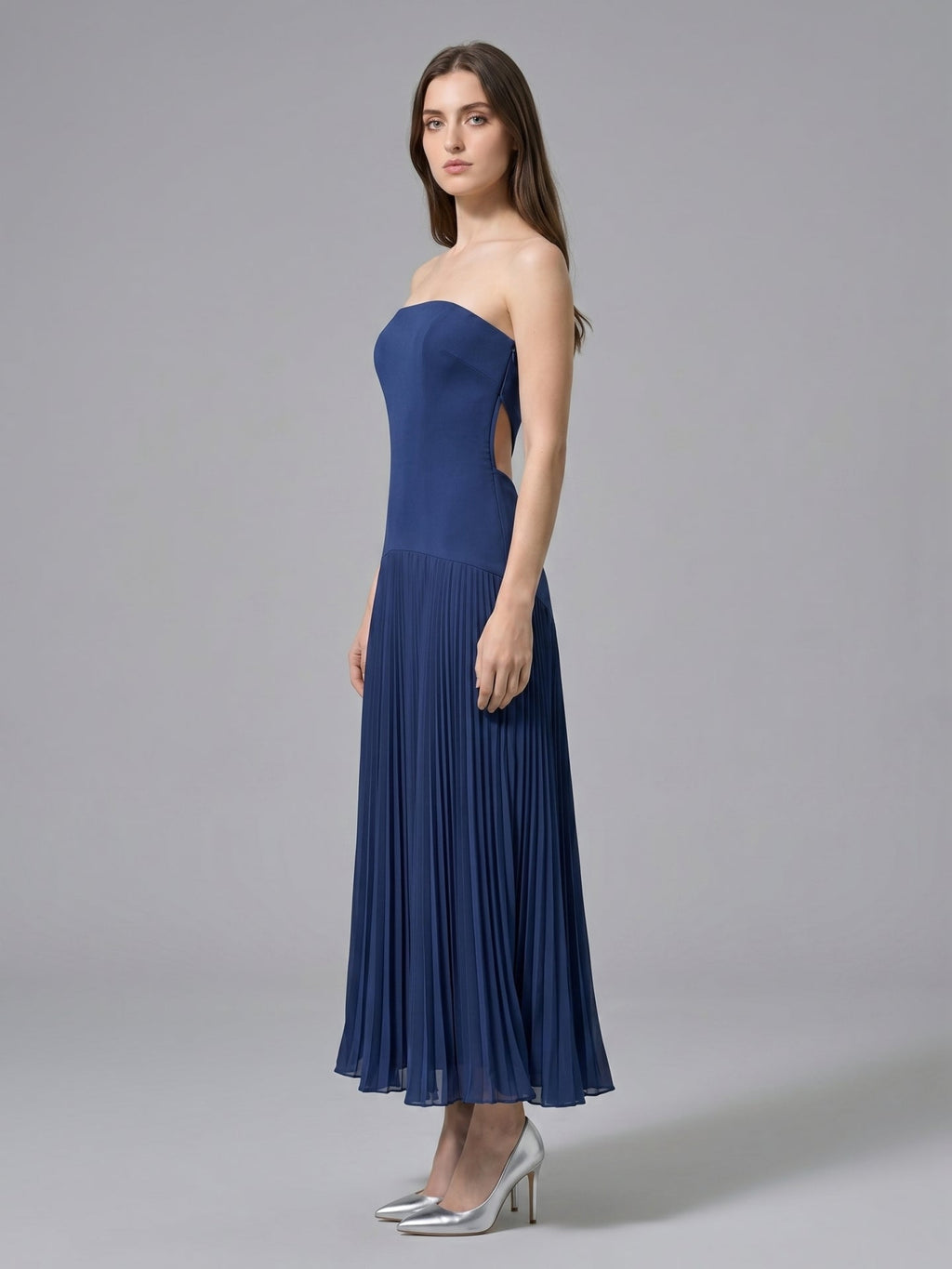 Navy Blue Stretch Knit A-Line Straight Neck Back Zip Ankle-Length Bridesmaid Dress - Curvevia