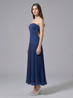 Navy Blue Stretch Knit A-Line Straight Neck Back Zip Ankle-Length Bridesmaid Dress - Curvevia