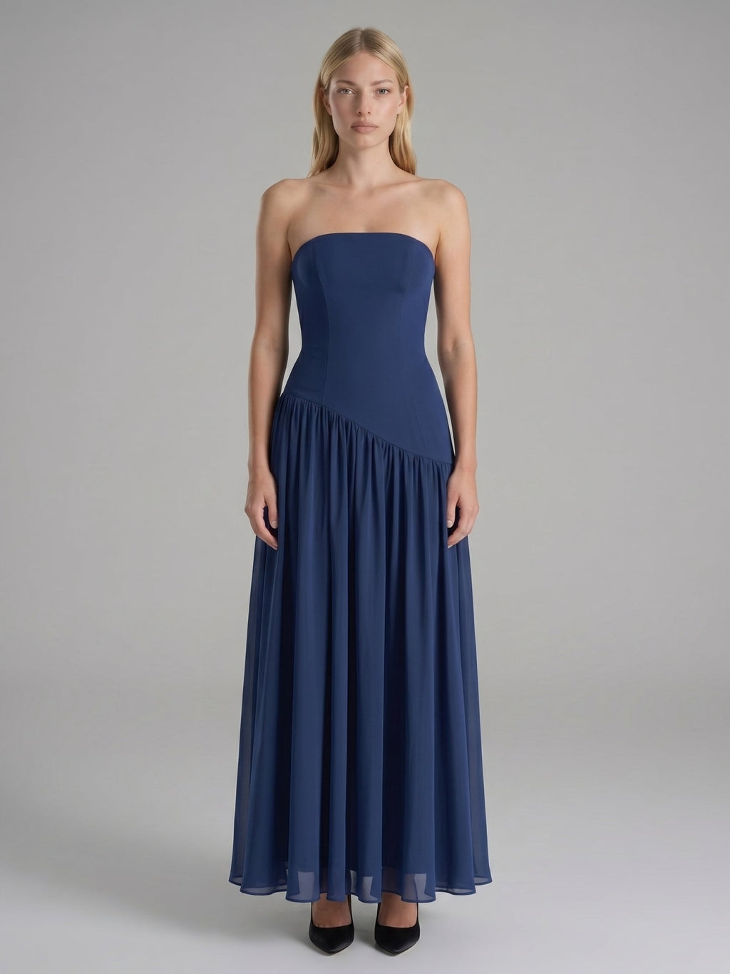 Navy Blue Stretch Knit A-Line Straight Neck Back Zip Floor-Length Bridesmaid Dress with Pleats - Curvevia