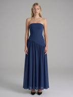 Navy Blue Stretch Knit A-Line Straight Neck Back Zip Floor-Length Bridesmaid Dress with Pleats - Curvevia