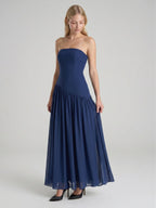 Navy Blue Stretch Knit A-Line Straight Neck Back Zip Floor-Length Bridesmaid Dress with Pleats - Curvevia