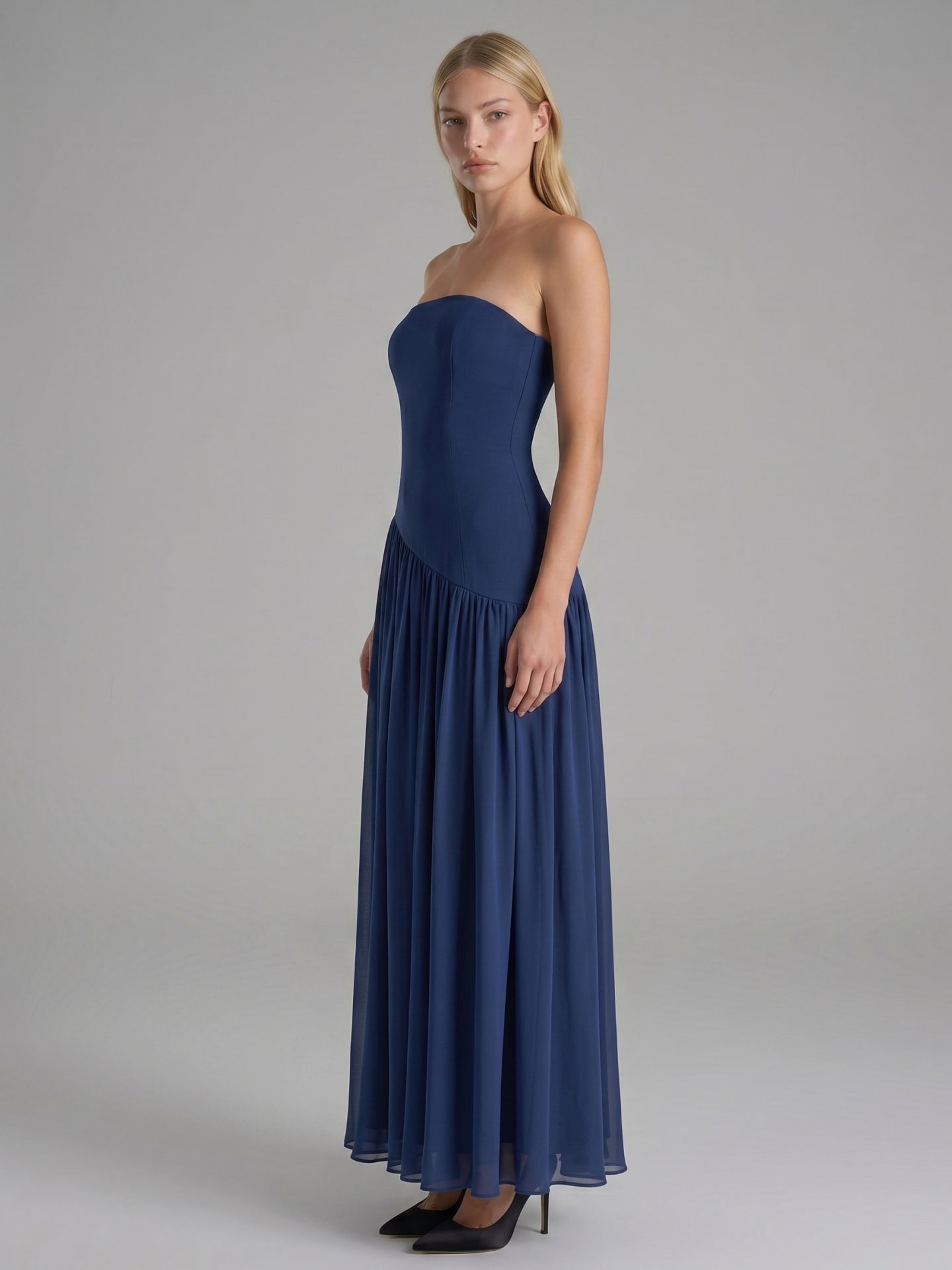 Navy Blue Stretch Knit A-Line Straight Neck Back Zip Floor-Length Bridesmaid Dress with Pleats - Curvevia