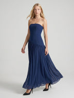 Navy Blue Stretch Knit A-Line Straight Neck Back Zip Floor-Length Bridesmaid Dress with Pleats - Curvevia