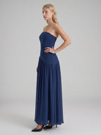 Navy Blue Stretch Knit A-Line Straight Neck Back Zip Floor-Length Bridesmaid Dress with Pleats - Curvevia