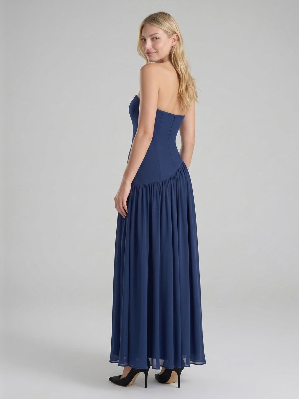 Navy Blue Stretch Knit A-Line Straight Neck Back Zip Floor-Length Bridesmaid Dress with Pleats - Curvevia