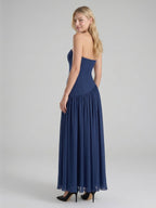 Navy Blue Stretch Knit A-Line Straight Neck Back Zip Floor-Length Bridesmaid Dress with Pleats - Curvevia
