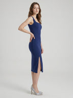 Navy Blue Stretch Knit Column Square Neck Side Zip Tea-Length Bridesmaid Dress - Curvevia