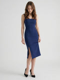 Navy Blue Stretch Knit Column Square Neck Side Zip Tea-Length Bridesmaid Dress - Curvevia