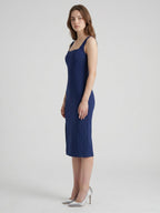 Navy Blue Stretch Knit Column Square Neck Side Zip Tea-Length Bridesmaid Dress - Curvevia
