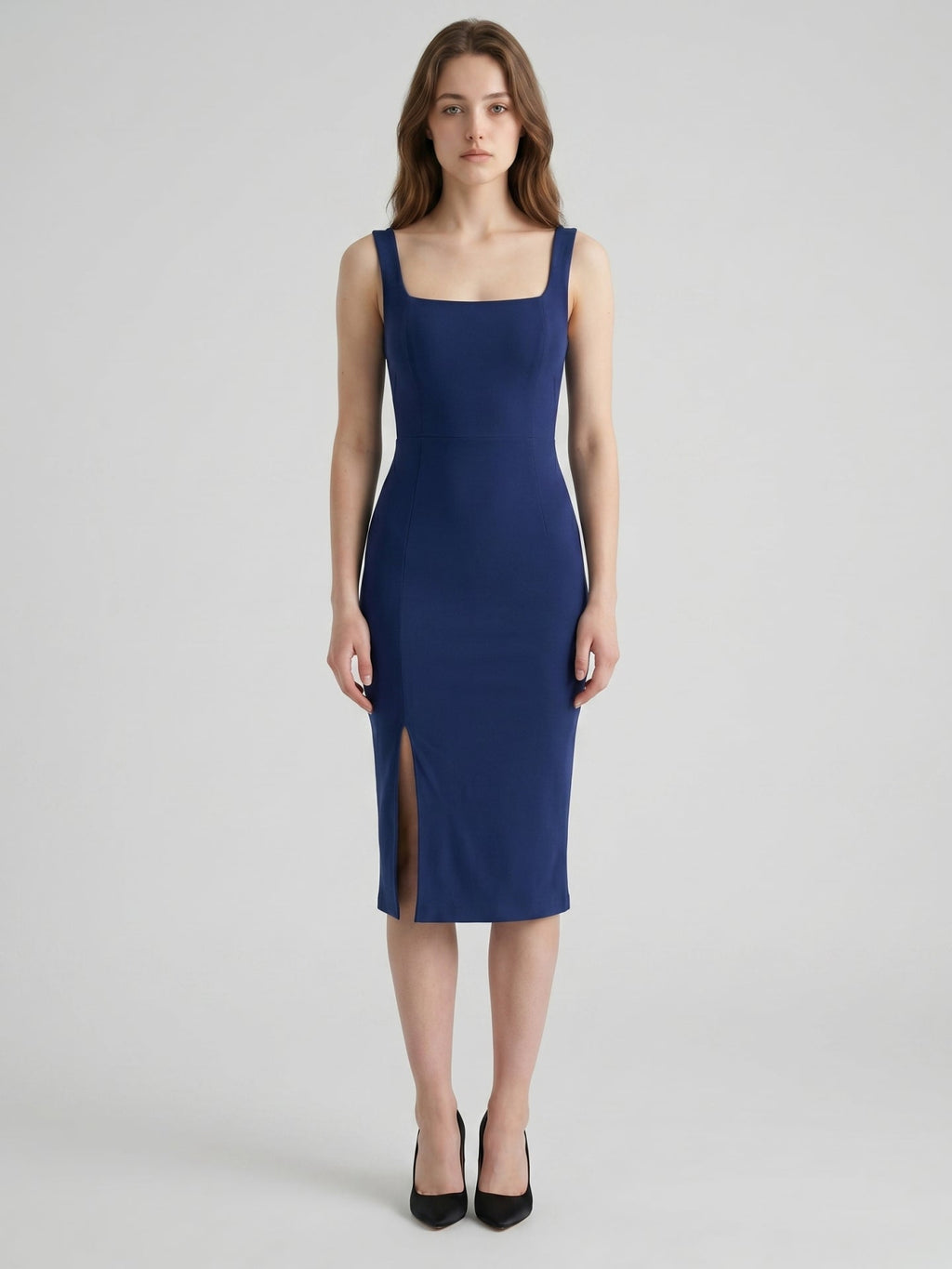 Navy Blue Stretch Knit Column Square Neck Side Zip Tea-Length Bridesmaid Dress - Curvevia