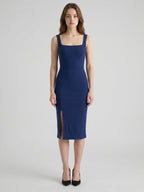 Navy Blue Stretch Knit Column Square Neck Side Zip Tea-Length Bridesmaid Dress - Curvevia
