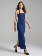 Navy Blue Stretch Knit Sheath Halter Neckline Back Zip Ankle-Length Bridesmaid Dress - Curvevia