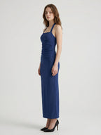 Navy Blue Stretch Knit Sheath Halter Neckline Back Zip Ankle-Length Bridesmaid Dress - Curvevia