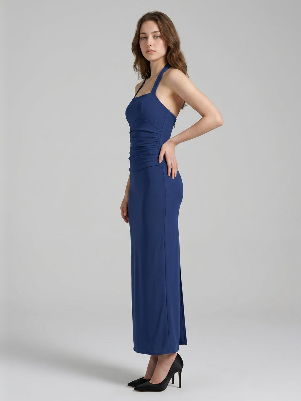 Navy Blue Stretch Knit Sheath Halter Neckline Back Zip Ankle-Length Bridesmaid Dress - Curvevia