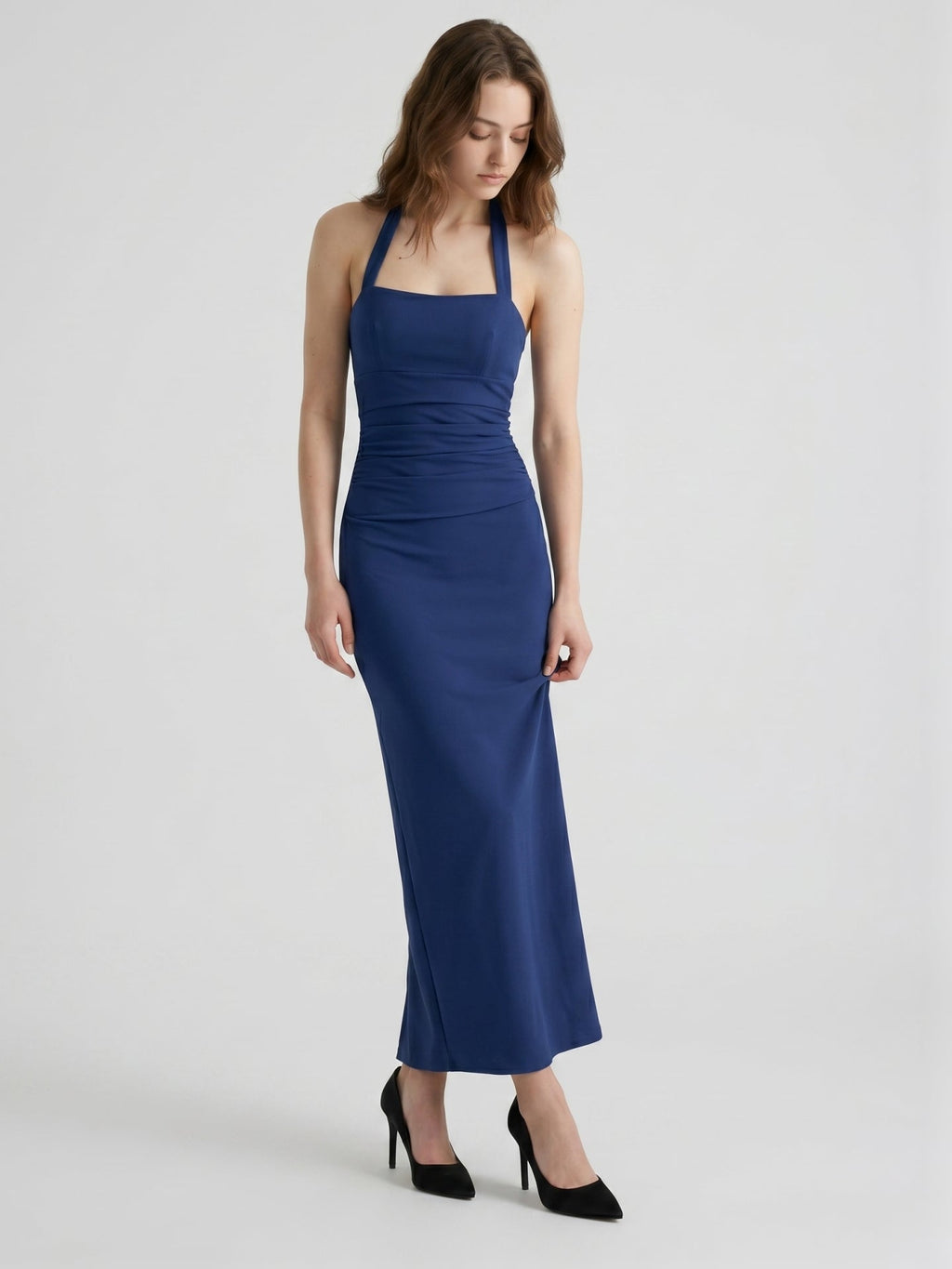 Navy Blue Stretch Knit Sheath Halter Neckline Back Zip Ankle-Length Bridesmaid Dress - Curvevia