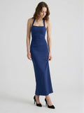 Navy Blue Stretch Knit Sheath Halter Neckline Back Zip Ankle-Length Bridesmaid Dress - Curvevia