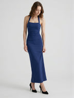 Navy Blue Stretch Knit Sheath Halter Neckline Back Zip Ankle-Length Bridesmaid Dress - Curvevia
