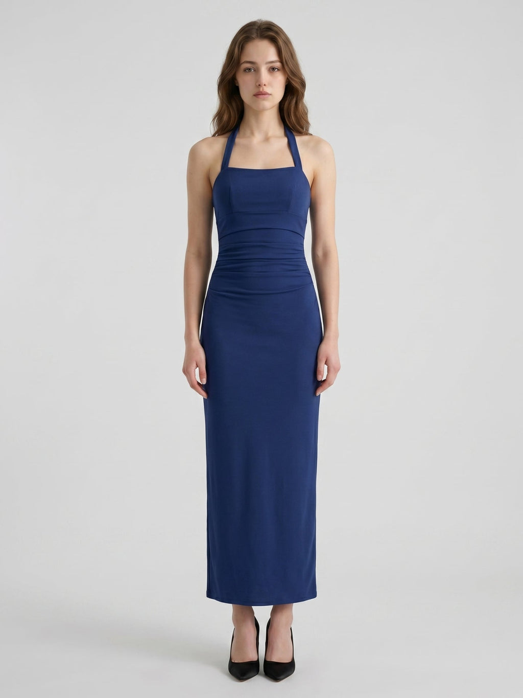 Navy Blue Stretch Knit Sheath Halter Neckline Back Zip Ankle-Length Bridesmaid Dress - Curvevia
