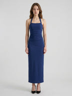 Navy Blue Stretch Knit Sheath Halter Neckline Back Zip Ankle-Length Bridesmaid Dress - Curvevia