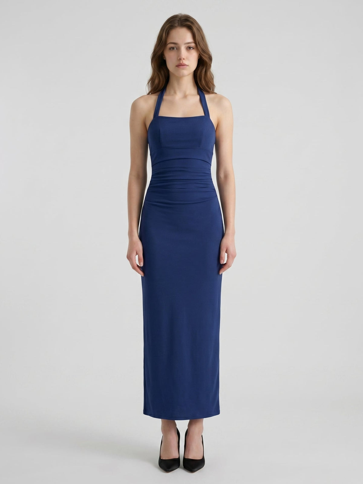 Navy Blue Stretch Knit Sheath Halter Neckline Back Zip Ankle-Length Bridesmaid Dress - Curvevia