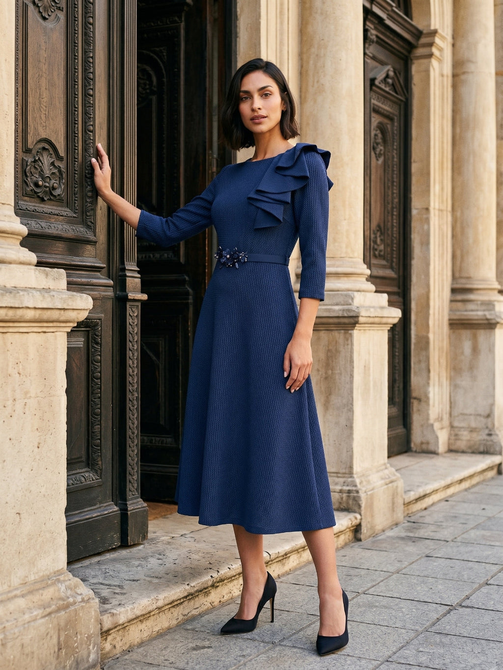 Navy Blue Stretch Knit A-Line Scoop Neck Back Zip Tea-Length Mother of the Bride Dress with Ruffle - Curvevia
