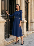 Navy Blue Stretch Knit A-Line Scoop Neck Back Zip Tea-Length Mother of the Bride Dress with Ruffle - Curvevia