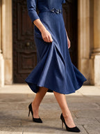 Navy Blue Stretch Knit A-Line Scoop Neck Back Zip Tea-Length Mother of the Bride Dress with Ruffle - Curvevia
