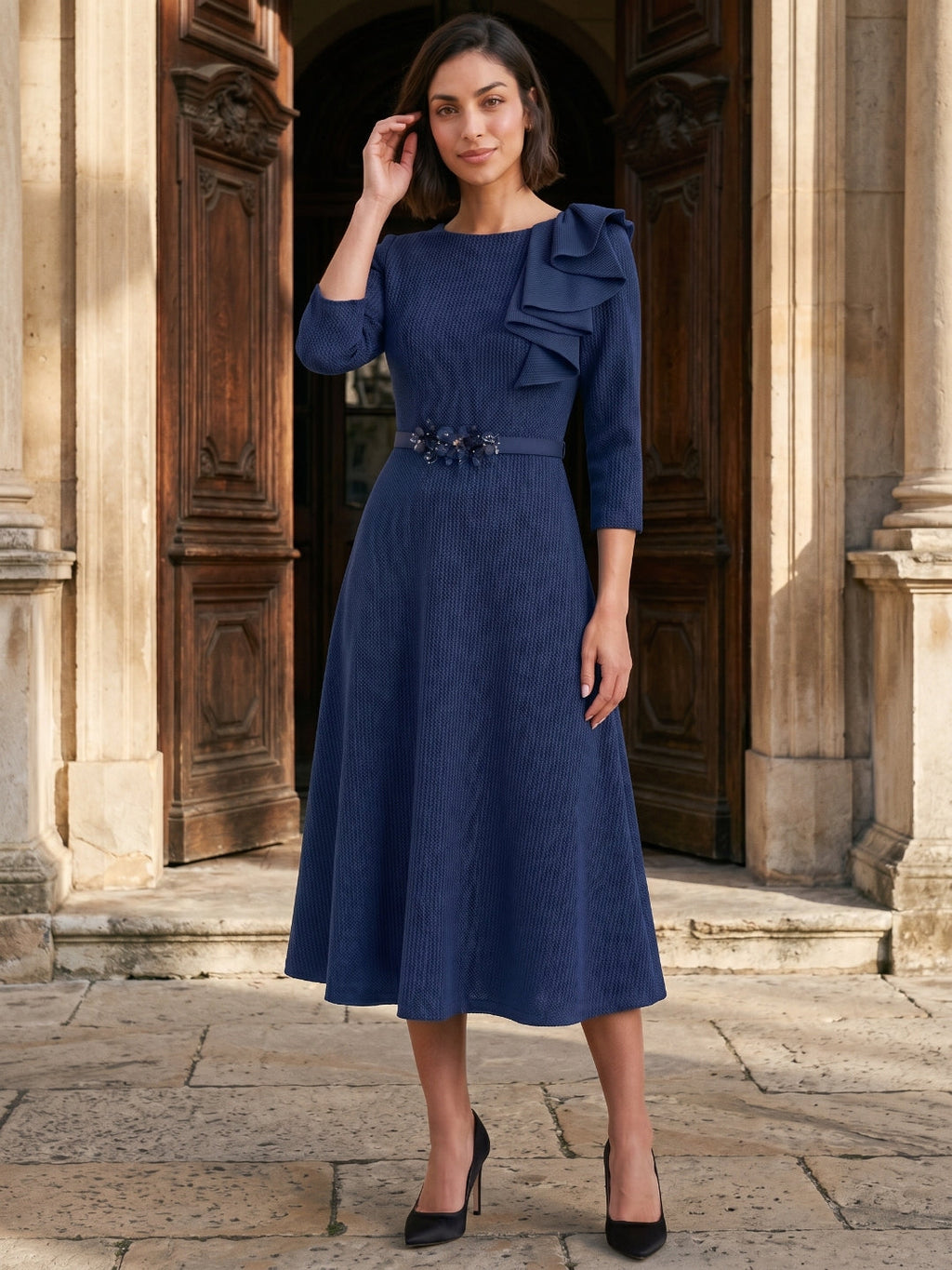 Navy Blue Stretch Knit A-Line Scoop Neck Back Zip Tea-Length Mother of the Bride Dress with Ruffle - Curvevia