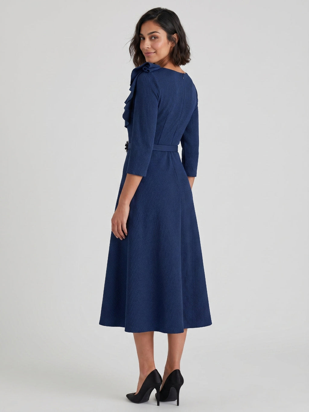 Navy Blue Stretch Knit A-Line Scoop Neck Back Zip Tea-Length Mother of the Bride Dress with Ruffle - Curvevia
