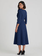 Navy Blue Stretch Knit A-Line Scoop Neck Back Zip Tea-Length Mother of the Bride Dress with Ruffle - Curvevia