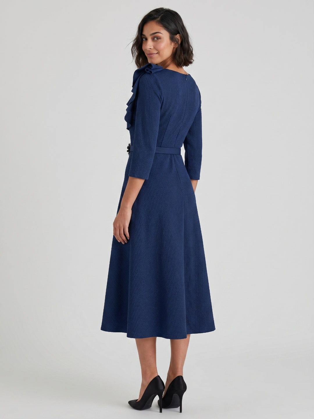 Navy Blue Stretch Knit A-Line Scoop Neck Back Zip Tea-Length Mother of the Bride Dress with Ruffle - Curvevia