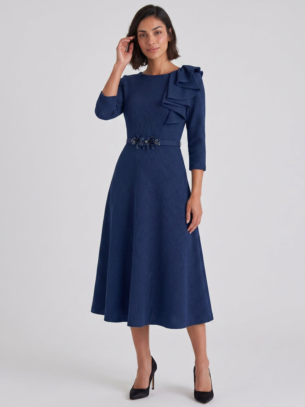 Navy Blue Stretch Knit A-Line Scoop Neck Back Zip Tea-Length Mother of the Bride Dress with Ruffle - Curvevia