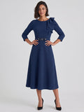 Navy Blue Stretch Knit A-Line Scoop Neck Back Zip Tea-Length Mother of the Bride Dress with Ruffle - Curvevia
