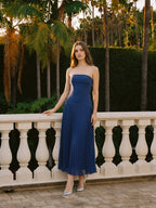 Navy Blue Stretch Knit A-Line Straight Neck Back Zip Ankle-Length Bridesmaid Dress - Curvevia