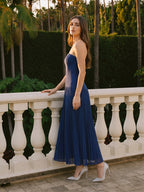 Navy Blue Stretch Knit A-Line Straight Neck Back Zip Ankle-Length Bridesmaid Dress - Curvevia