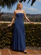 Navy Blue Stretch Knit A-Line Straight Neck Back Zip Floor-Length Bridesmaid Dress with Pleats - Curvevia