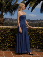 Navy Blue Stretch Knit A-Line Straight Neck Back Zip Floor-Length Bridesmaid Dress with Pleats - Curvevia