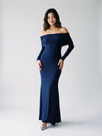 Navy Blue Stretch Knit Sheath Off-the-Shoulder Backless Formal Dress with Pleating - Curvevia