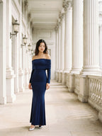 Navy Blue Stretch Knit Sheath Off-the-Shoulder Backless Formal Dress with Pleating - Curvevia