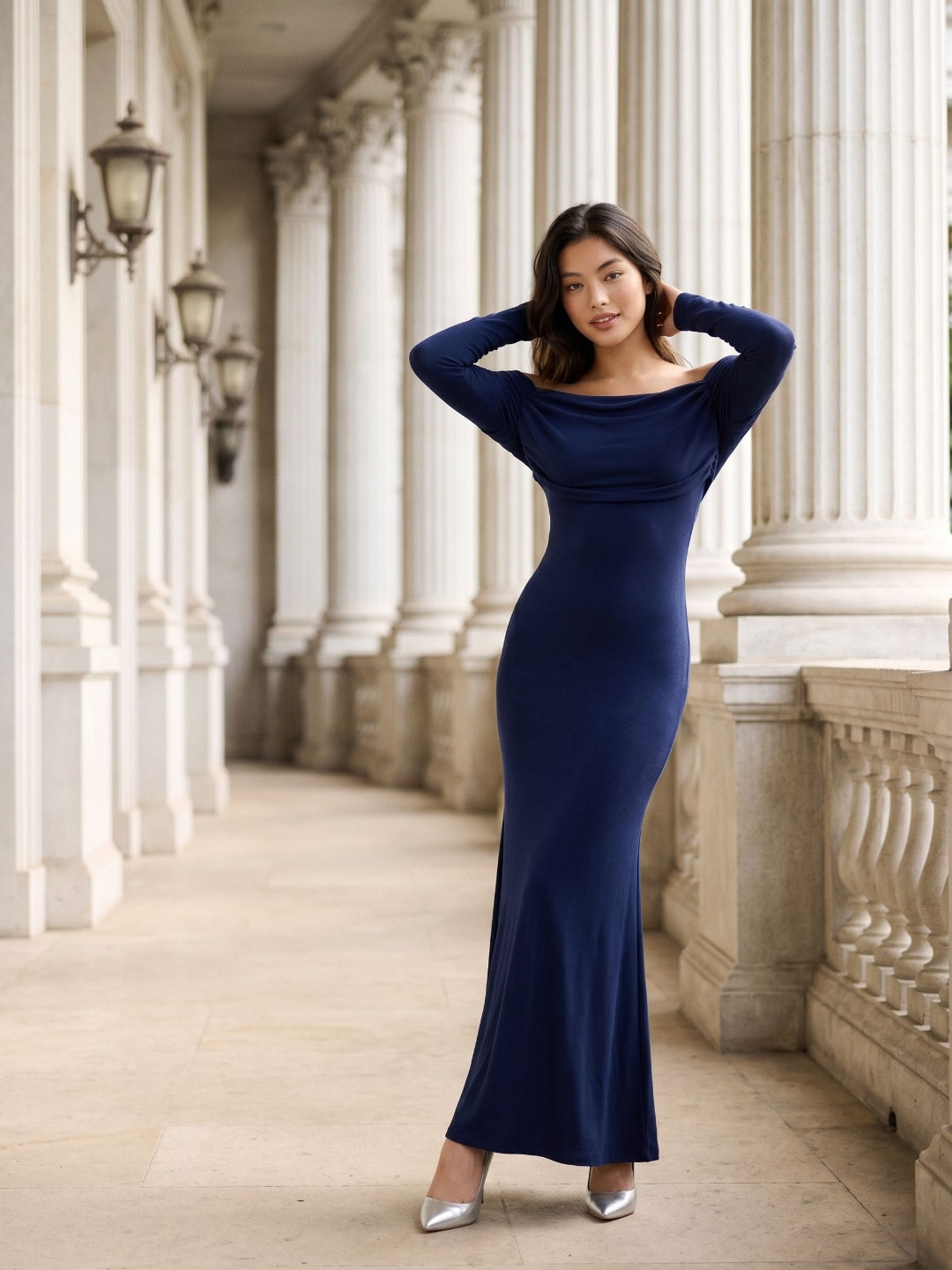 Navy Blue Stretch Knit Sheath Off-the-Shoulder Backless Formal Dress with Pleating - Curvevia