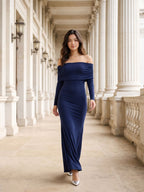 Navy Blue Stretch Knit Sheath Off-the-Shoulder Backless Formal Dress with Pleating - Curvevia