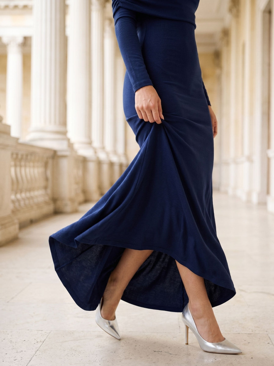 Navy Blue Stretch Knit Sheath Off-the-Shoulder Backless Formal Dress with Pleating - Curvevia