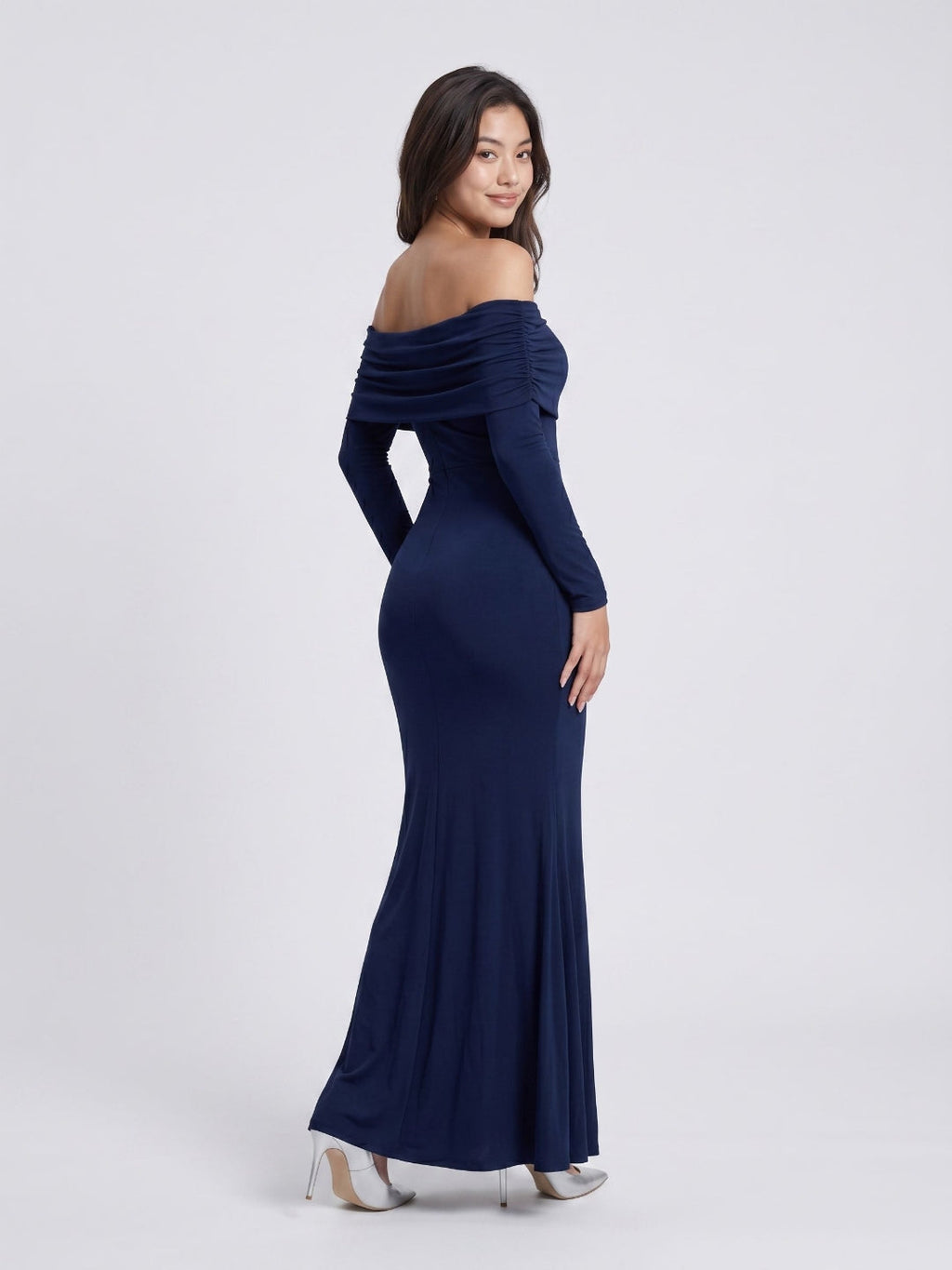 Navy Blue Stretch Knit Sheath Off-the-Shoulder Backless Formal Dress with Pleating - Curvevia