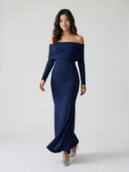 Navy Blue Stretch Knit Sheath Off-the-Shoulder Backless Formal Dress with Pleating - Curvevia