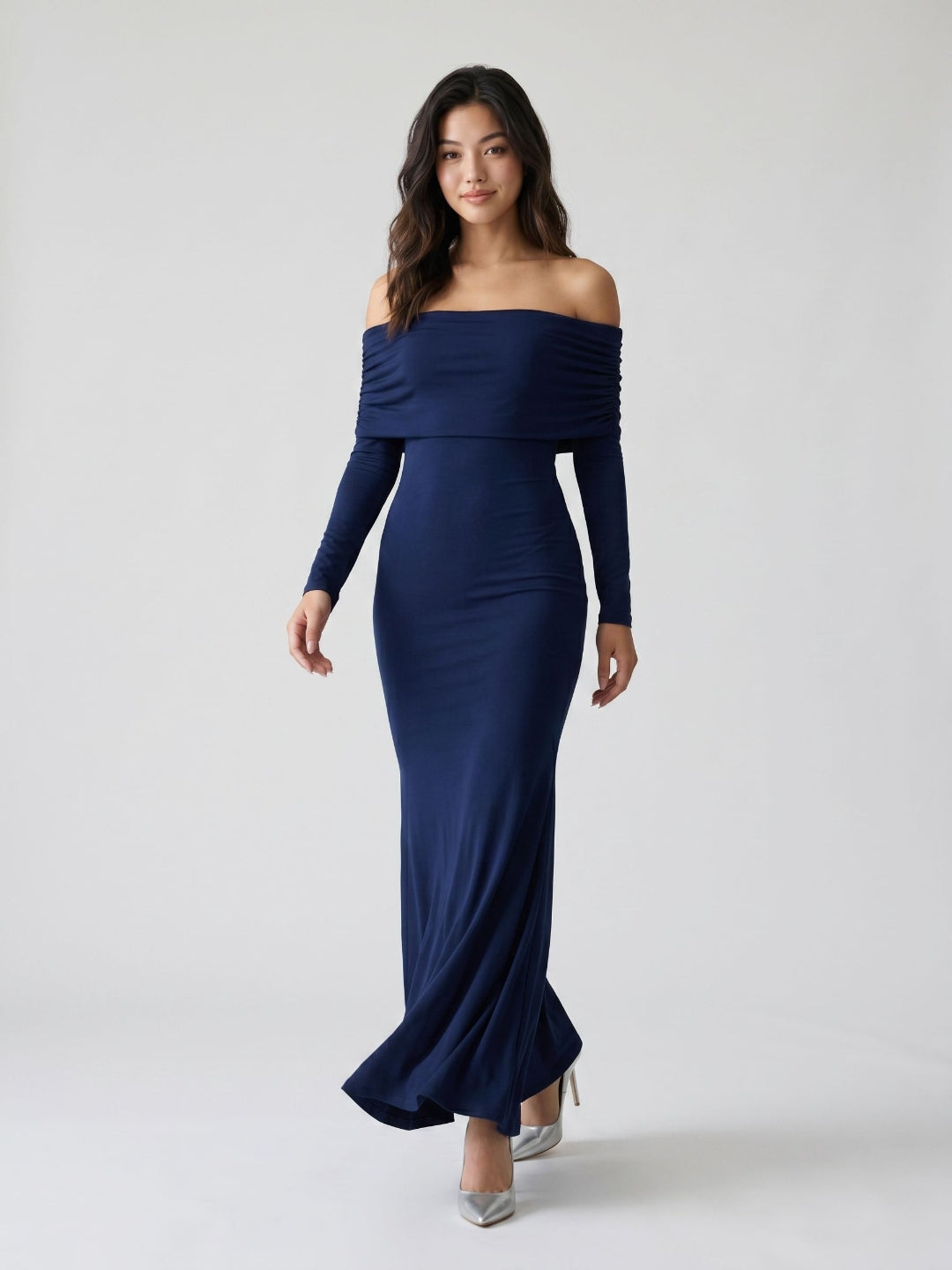 Navy Blue Stretch Knit Sheath Off-the-Shoulder Backless Formal Dress with Pleating - Curvevia